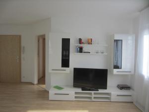 a living room with a tv on a white wall at Appartement Munz in Kirchheim unter Teck