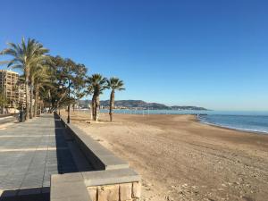 een zandstrand met palmbomen en de oceaan bij Estoril in Benicàssim