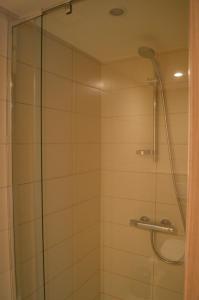 La salle de bains est pourvue d'une douche avec une porte en verre. dans l'établissement Hotel Honfleur, à Middelkerke