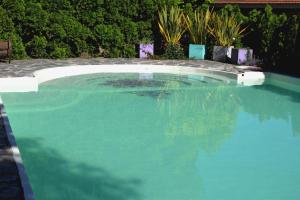 una piscina de agua azul en un patio en LA NATURE Hostería boutique B&B en Tandil