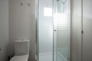 a bathroom with a toilet and a glass shower at Apartamentos Carmen del Turia in Valencia +20 photos