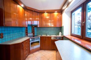 een keuken met houten kasten en een wastafel bij Vila Lipa in Bled
