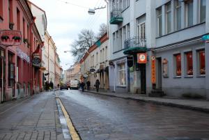 維爾紐斯的住宿－Vilnius Old Town accommodation，城市中一条鹅卵石街道,有建筑