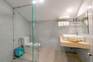 a bathroom with a shower and a sink and a toilet at Hoi An Dream City Hotel in Hoi An