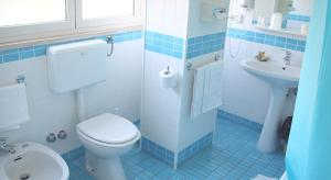 un bagno blu e bianco con un water e un lavandino di Albergo dei Pini ad Andria