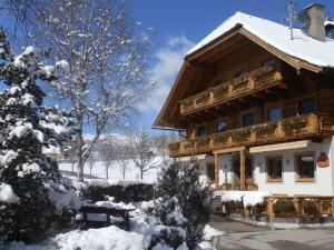 drewniany domek na śniegu obok drzewa w obiekcie Pension Bacherhof w mieście Mariapfarr