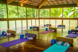 uma sala de yoga com um monte de esteiras de yoga em The Goddess Garden Eco-Resort em Cahuita