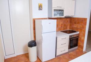 a kitchen with a white refrigerator and a stove at Villa Edelweiss in Sveti Stefan