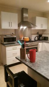 a kitchen with a stove and a red mug on a counter at Pebbles Beach Retreat in Cowes