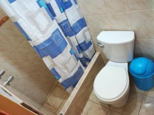 La salle de bains est pourvue de toilettes et d'un rideau de douche. dans l'établissement Hospedaje T&T, à Churín