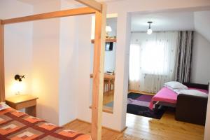 a small room with a bed and a bedroom with a bedictericterictericter at Pensiunea Casa Elvira in Vama