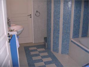 y baño de azulejos azules con lavabo y ducha. en Chambres d'Hôtes Oyhanartia, en Larceveau-Arros-Cibits