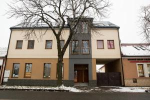 a building with a tree in front of it at Apartmány pre Vás in Levice