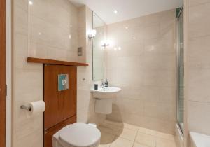 La salle de bains est pourvue de toilettes, d'un lavabo et d'une douche. dans l'établissement The Holyrood Park Residence, à Édimbourg