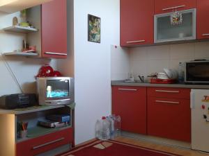 a kitchen with red cabinets and a small tv at Studio Pinos in Soko Banja
