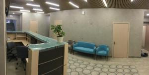 アルハンゲリスクにあるSerafima Hotelの青い椅子が置かれた待合室がある事務所