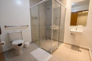 a bathroom with a shower and a toilet and a sink at Hotel Villa de Holanda in Holambra