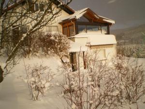 une maison recouverte de neige à côté de quelques buissons dans l'établissement Gîte De La Belle Vallée, à Cleurie