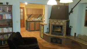 a living room with a fireplace and a kitchen at Apartmány Liška in Mladé Buky