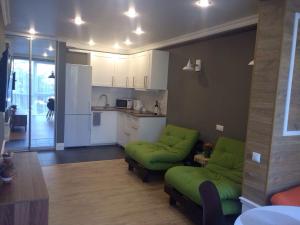アドレルにあるApartments Madrid Parkのリビングルーム(緑のソファ付)、キッチン