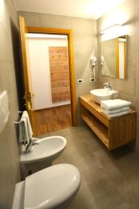 a bathroom with a sink and a toilet and a mirror at Hotel Nès Crépes in Pozza di Fassa