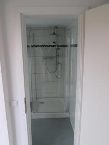 uma casa de banho com um chuveiro e uma banheira em Ferienhaus in guter Lage em Dresden