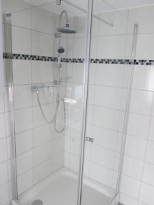 a shower with a glass door in a bathroom at Ferienhaus in guter Lage in Dresden