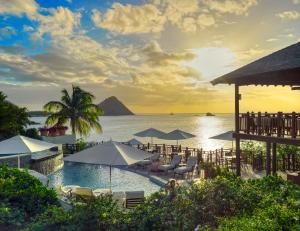 - une piscine avec chaises longues et parasols et l'océan dans l'établissement Cap Maison Resort & Spa, à Cap Estate