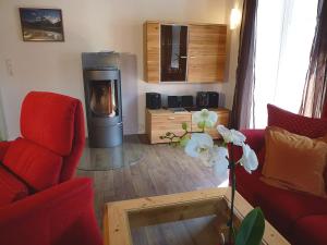 a living room with a red couch and a fireplace at Haus Irlinger in Schönau am Königssee