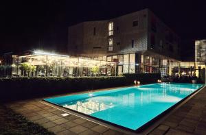 LOISIUM Wine & Spa Hotel Langenlois في لانغنلويس: مسبح امام مبنى في الليل
