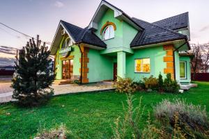 a green house with a black roof at Everest in Ivano-Frankivsk