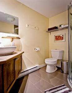 La salle de bains est pourvue de toilettes et d'un lavabo. dans l'établissement Gî'Temps couette et café B&B, à Granby