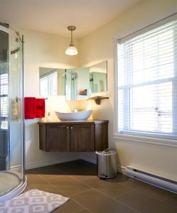 ein Bad mit einem Waschbecken und einem Spiegel in der Unterkunft Gî'Temps couette et café B&B in Granby