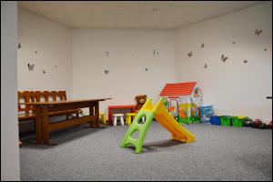 uma sala com uma sala de jogos com um parque infantil em Penzion Starý dvůr em Nové Dvory