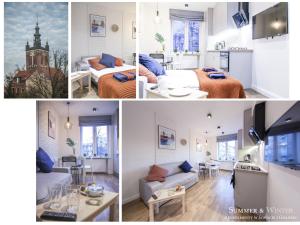 eine Collage mit Fotos eines Zimmers mit einem Hotelzimmer in der Unterkunft Family Luxury Comfort Old Town Apartament, 1-8, 2 sypialnie i salon, parking w cenie, SUMMERWINTER Brand in Danzig