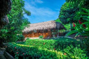 a house with a thatched roof and a garden at Posadas Ecoturisticas Seineken in El Zaino