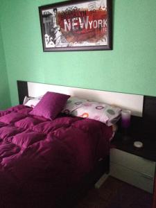 アランダ・デ・ドゥエロにあるCalidad En Pleno Centro De Arandaのベッドルーム1室(紫色のベッド1台、壁にポスター付)