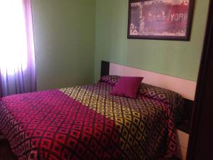 アランダ・デ・ドゥエロにあるCalidad En Pleno Centro De Arandaのベッドルーム(紫色の掛け布団付きのベッド1台付)