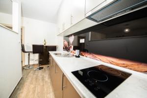 a kitchen with a sink and a stove top oven at Studio apartman Centar in Banja Luka +11 photos