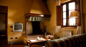 salon z kanapą i telewizorem w obiekcie Agriturismo Fattoria Rozzalupi w mieście Cerreto Guidi