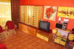 a living room with a tv and a red wall at Rose's House in Costa da Caparica