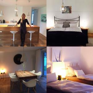un collage de cuatro fotos de un dormitorio y una mujer en Ferienhaus mit Sonnendeck en Sankt Wendel