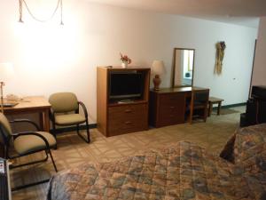 a bedroom with a bed and a television and a desk at Caravan Motel in Cannon Falls
