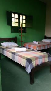 two beds in a room with green walls at Pousada Recanto Verde in Sao Benedito do Sul
