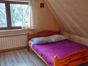 ザコパネにあるNoclegi w centrum Sienkiewiczaのベッドルーム1室(紫色の掛け布団、窓付)