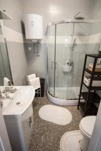 Un baño con ducha, lavabo e inodoro. en Studio Apartmani Mini, en Rijeka
