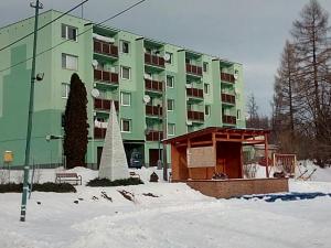 a large green building with a building in the snow at Apartman David in Štôla