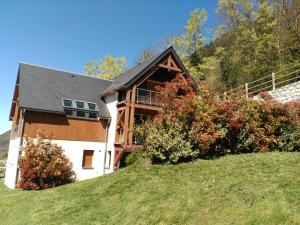 una casa in cima a una collina erbosa di Les GITES DE CAMPARAN - gîte "le GRAND CHALET AVEC SPA ET SAUNA" a Camparan