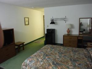 a bedroom with a bed and a dresser and a television at Caravan Motel in Cannon Falls