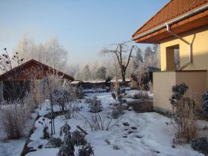 a garden covered in snow next to a house at Apartament Honey in Polanica-Zdrój